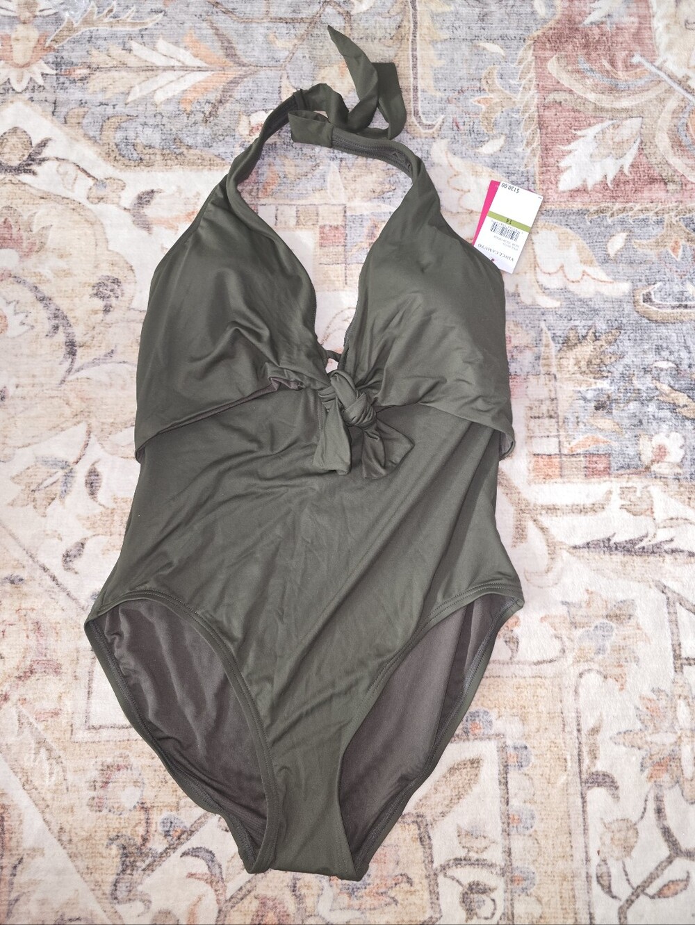 Vince Camuto Olive Green Halter One-Piece Swimsuit with Front Tie